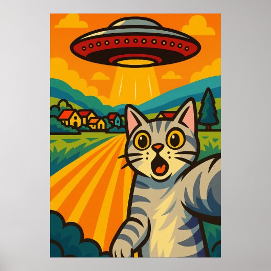 Grappige Alien Kat UFO Ontvoering Kat Retro Pop Ar Poster (Voorkant)