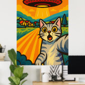 Grappige Alien Kat UFO Ontvoering Kat Retro Pop Ar Poster (Thuiskantoor)