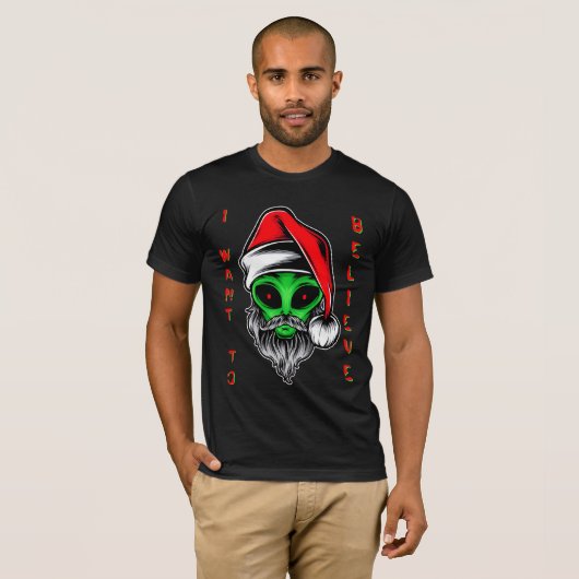 Grappige Alien Kerstman Kerstmis Ik wil geloven T-shirt (Voorkant volledig)