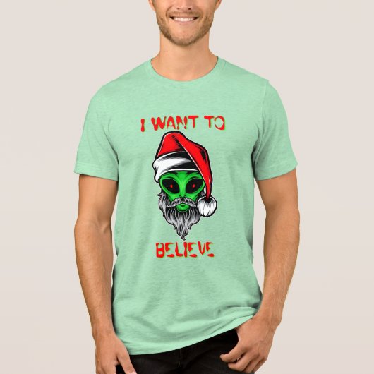Grappige Alien Kerstman Kerstmis Ik wil geloven Tri-Blend Shirt (Voorkant)