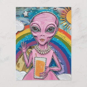 Grappige Alien Lady in Roze Met Sinaasappel Juice  Briefkaart