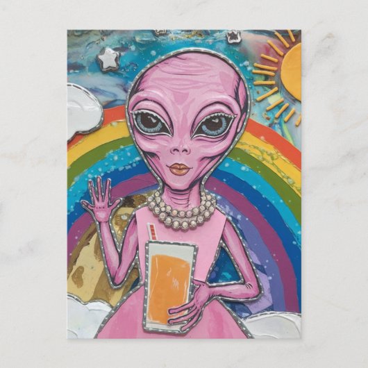 Grappige Alien Lady in Roze Met Sinaasappel Juice  Briefkaart (Voorkant)