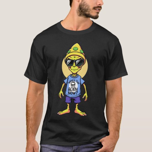 Grappige Alien Meme "Wie is de Alien nu?" Wit T-shirt (Voorkant)
