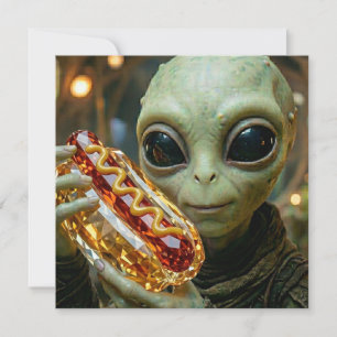 Grappige Alien met een Kristallen Hotdog Kaart