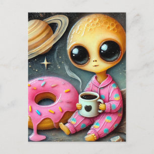 Grappige alien met koffie en donut in de ruimte briefkaart