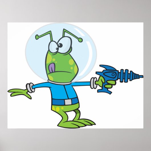 Grappige alien met Ray Pistool Sci-Fi Space Invade Poster (Voorkant)