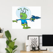 Grappige alien met Ray Pistool Sci-Fi Space Invade Poster (Thuiskantoor)