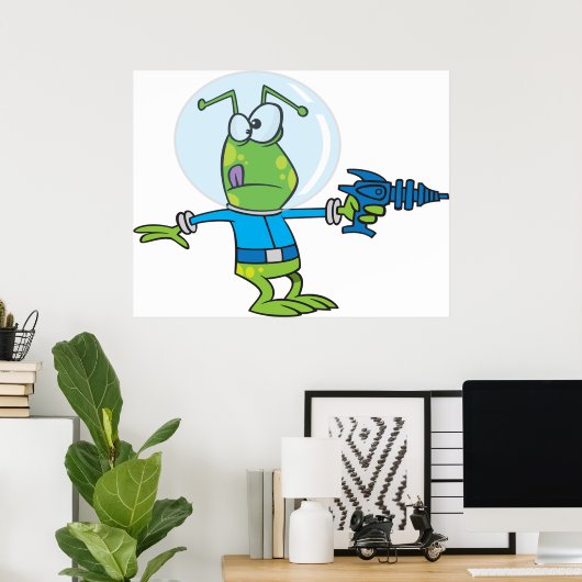 Grappige alien met Ray Pistool Sci-Fi Space Invade Poster (Thuiskantoor)