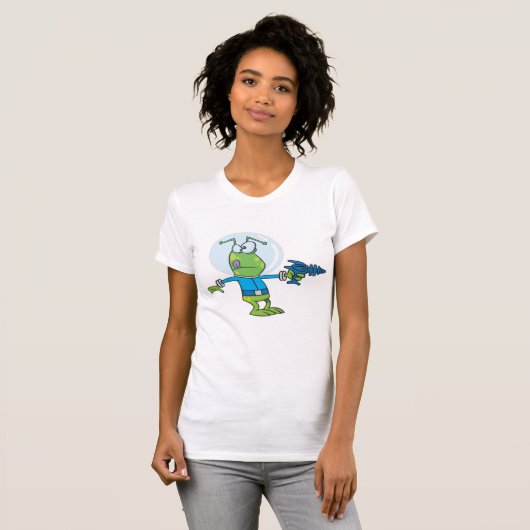 Grappige alien met Ray Pistool Sci-Fi Space Invade T-shirt (Voorkant volledig)