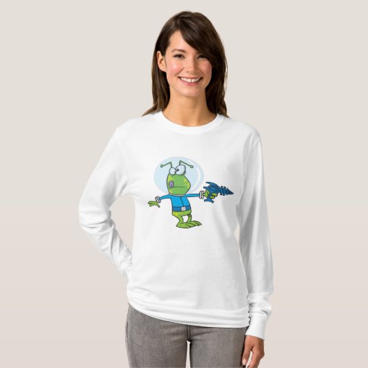 Grappige alien met Ray Pistool Sci-Fi Space Invade T-shirt (Voorkant volledig)