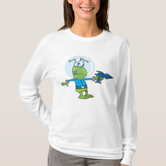Grappige alien met Ray Pistool Sci-Fi Space Invade T-shirt (Voorkant)