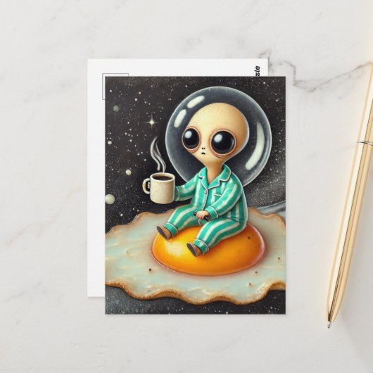 Grappige alien op een gebakken ei schip in de ruim briefkaart (Voorkant / Achterkant in situ)