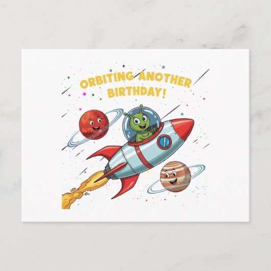 Grappige Alien "Orbiting Another Birthday" Space K Briefkaart (Voorkant)