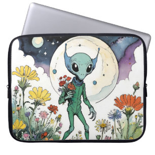 Grappige Alien Plukt Bloemen Bij Volle Maan Laptop Sleeve