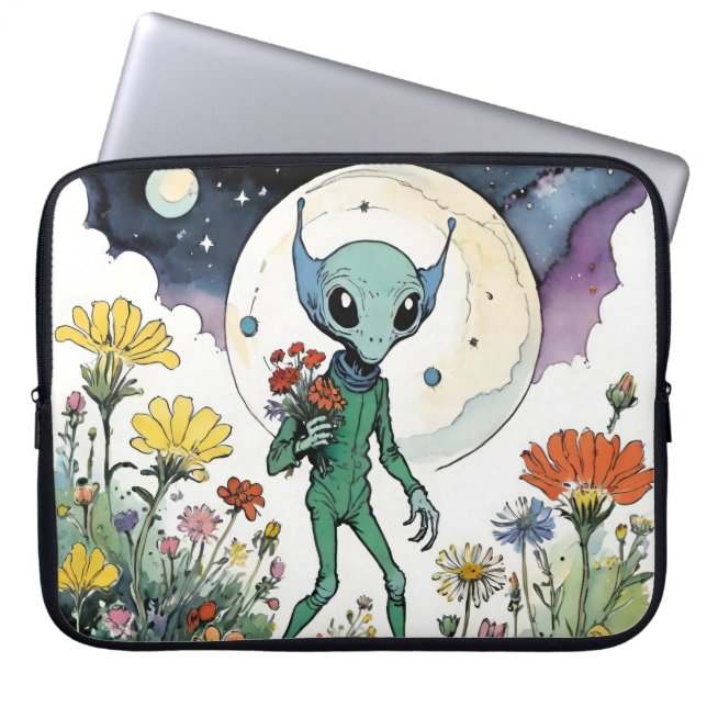 Grappige Alien Plukt Bloemen Bij Volle Maan Laptop Sleeve (Voorkant)
