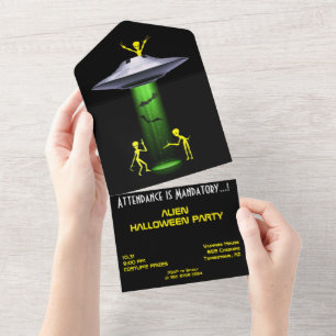 Grappige Alien 🎅🛸 UFO Halloween Party All In One Uitnodiging