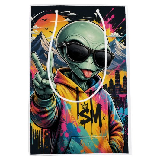 Grappige Alien Vibes Medium Cadeauzakje (Voorkant)