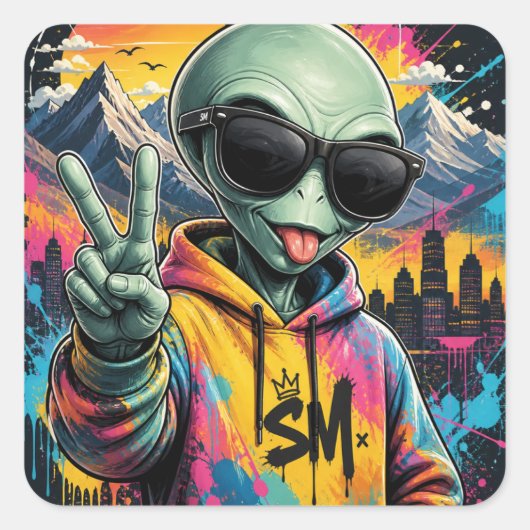 Grappige Alien Vibes Vierkante Sticker (Voorkant)