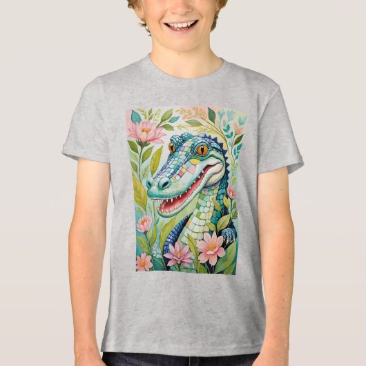 Grappige Alligator Bloemenmozaïek Tri-Blend Shirt (Voorkant)