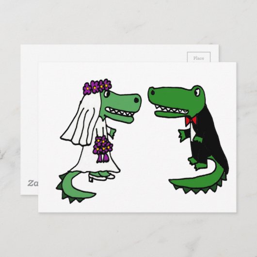 Grappige alligator bruid en bruidegom Cartoon Briefkaart (Voorkant / Achterkant)