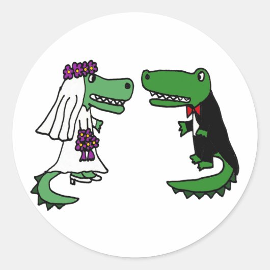 Grappige alligator bruid en bruidegom Cartoon Ronde Sticker (Voorkant)