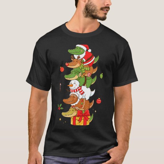 Grappige Alligator Kerstman Elf Sneeuwman Kerst Vr T-shirt (Voorkant)