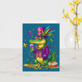 Grappige Alligator Mardi Gras Kralen Nar Kaart (Gele Bloem)
