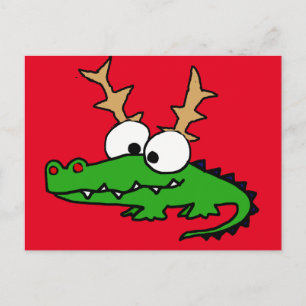 Grappige Alligator met Antlers Kerstkunst Feestdagenkaart