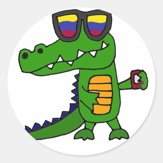 Grappige alligator met mobiele telefoon ronde sticker (Voorkant)
