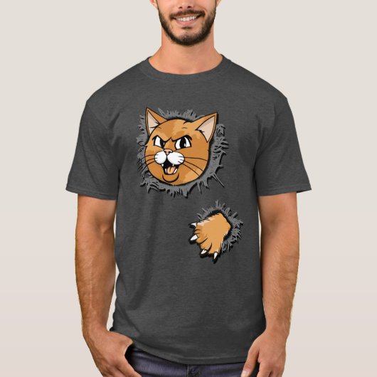 Grappige Angry Cat Paw Gescheurde Fabric Illusion  T-shirt (Voorkant)