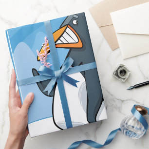 Grappige Angry Penguin Cartoon Cool Waving Cadeaupapier