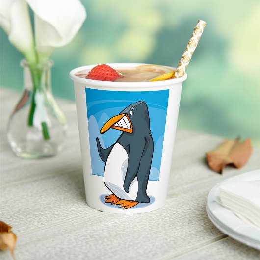 Grappige Angry Penguin Cartoon Cool Waving Papieren Bekers