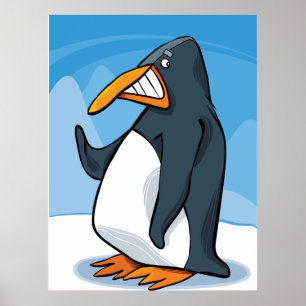 Grappige Angry Penguin Cartoon Cool Waving Poster