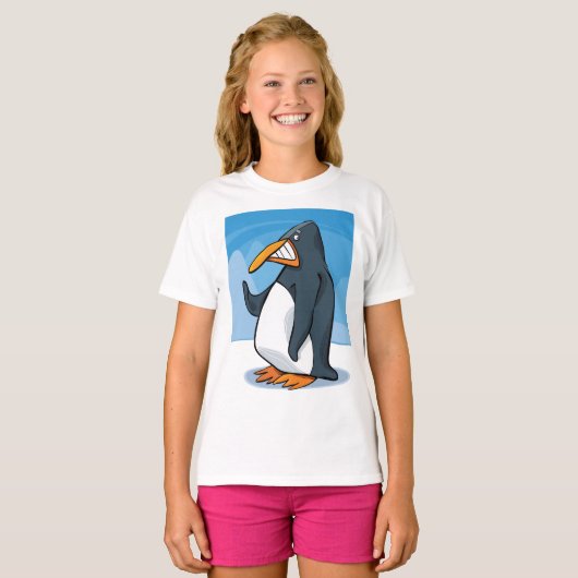 Grappige Angry Penguin Cartoon Cool Waving T-shirt (Voorkant volledig)