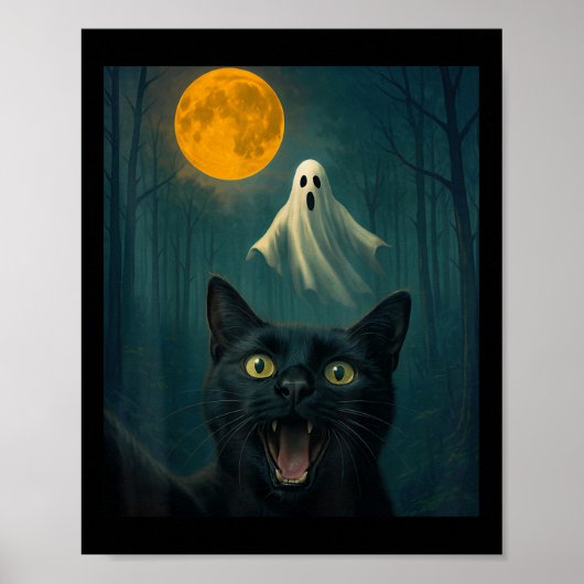 Grappige angstige kat selfie met spook Halloween D Poster (Voorkant)