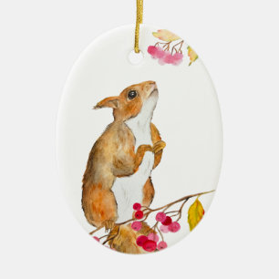 Grappige aquarel eekhoorn op een tak met bessen keramisch ornament