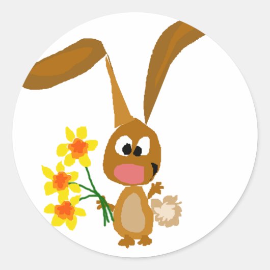 Grappige Artsy Konijn Holding Daffodil Bloemen Ronde Sticker (Voorkant)