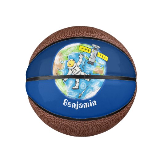 Grappige astronaut in de ruimte en aarde cartoon basketbal (Voorkant)