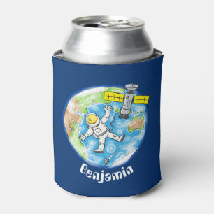 Grappige astronaut in de ruimte en aarde cartoon blikjeskoeler