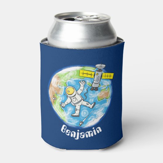 Grappige astronaut in de ruimte en aarde cartoon blikjeskoeler (Blikje Voorkant)