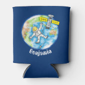 Grappige astronaut in de ruimte en aarde cartoon blikjeskoeler (Voorkant)