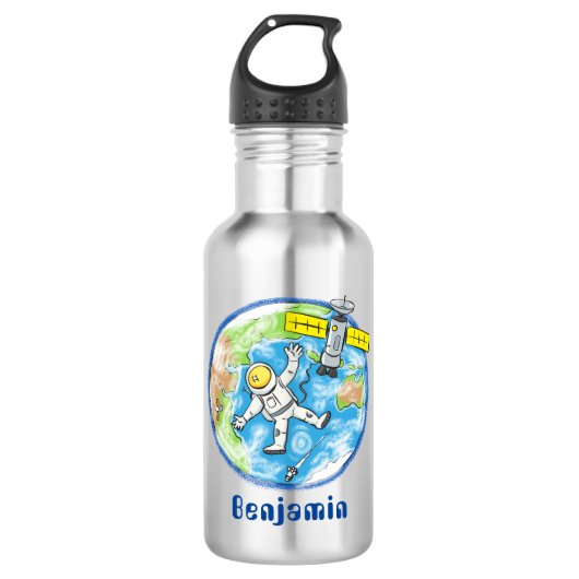 Grappige astronaut in de ruimte en aarde cartoon waterfles  (Voorkant)