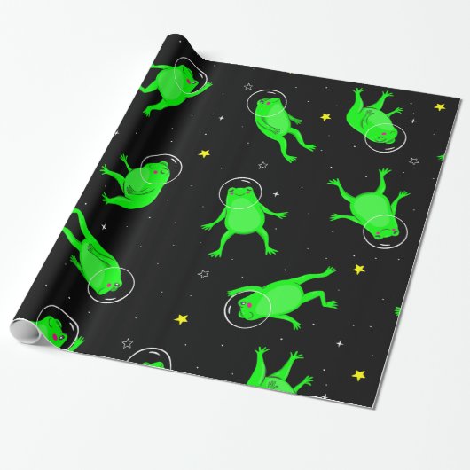 Grappige astronaut kikkers ruimte zwart cadeaupapier (Uitgerold)