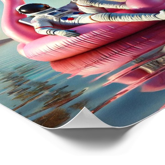 Grappige astronaut op roze flamingo strand muur ku poster (Hoek)