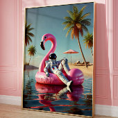 Grappige astronaut op roze flamingo strand muur ku poster