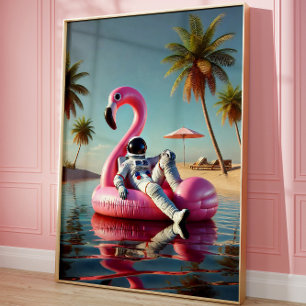 Grappige astronaut op roze flamingo strand muur ku poster