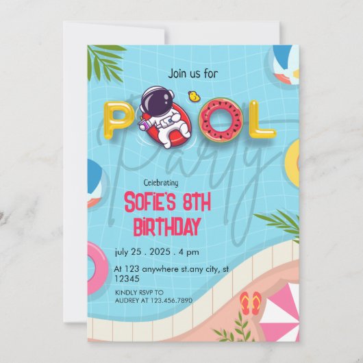 Grappige Astronaut Pool Party Verjaardag Kaart (Voorkant)