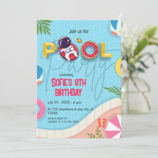 Grappige Astronaut Pool Party Verjaardag Kaart (Staand voorkant)