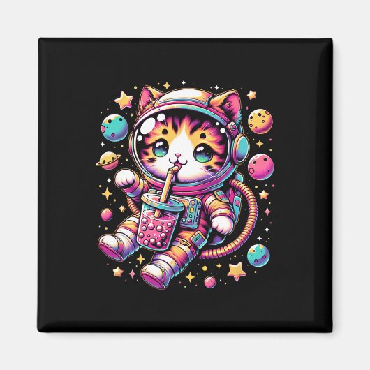 Grappige Astronaut Space Kawaii Boba Tea Cat Magneet (Voorkant)