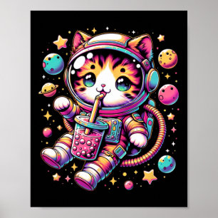 Grappige Astronaut Space Kawaii Boba Tea Cat Poster